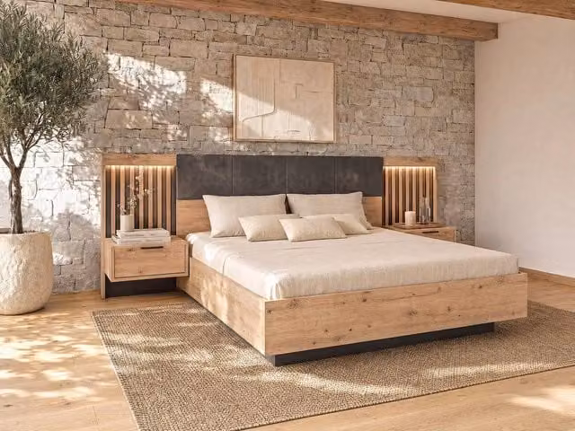 Vente-unique Modern Double Bed with Bedside Tables and Under-bed LED Lighting, Black and Brown, W/D/H: 160 x 200 x 240 cm – 1