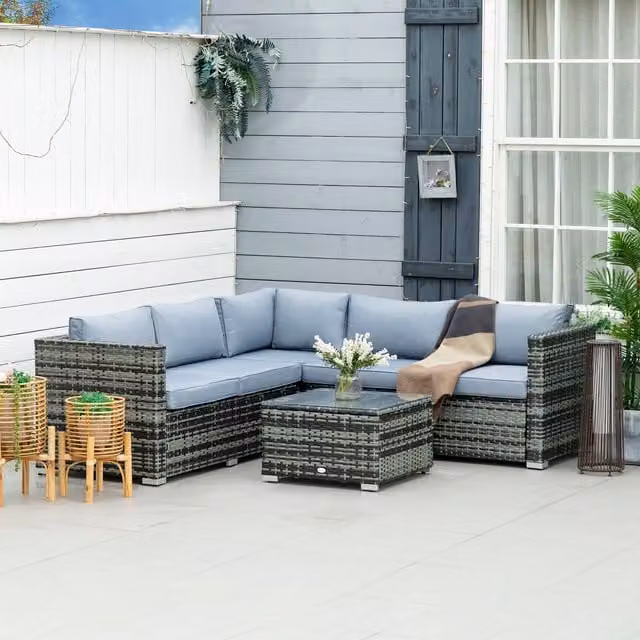 Outsunny 4 Piece Modern Rattan Furniture Set with Corner Sofa, Loveseat and Coffee Table in Grey