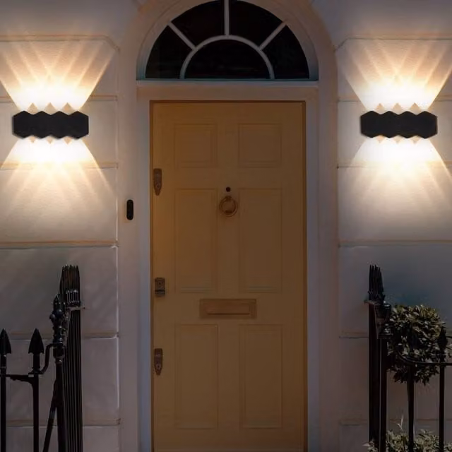 Wyld and Coco Set of 2 Black Aluminium Hexagonal Outdoor Wall Lights