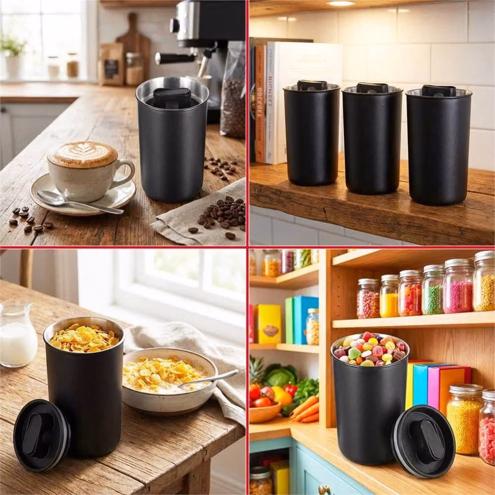 VOGREX Black Stainless Steel Coffee Canister with Airtight Vacuum Seal, 1050 ml – 4
