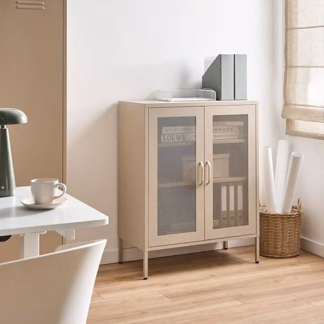 Wyld and Coco Industrial Wall Mounted Office Cabinet in Matt Beige Metal with 2 Glass Hinged Doors and Adjustable Internal Shelves – 1