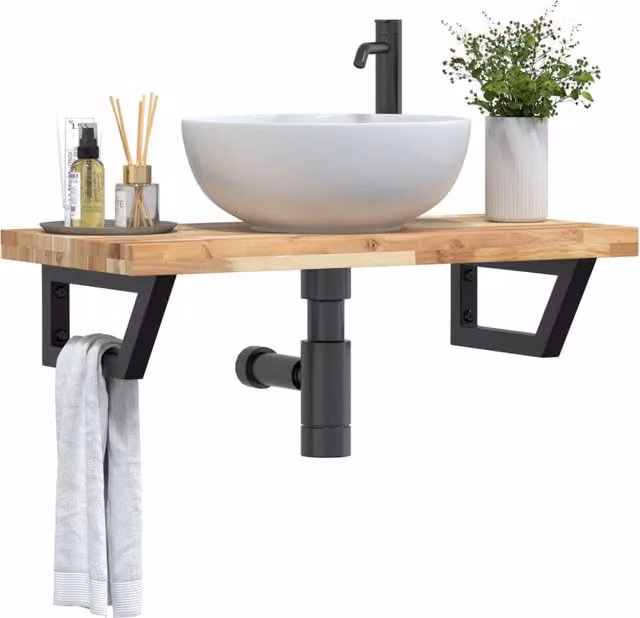 Berkfield Home Wall Mounted Basin Shelf in Brown Acacia Wood and Steel – 1
