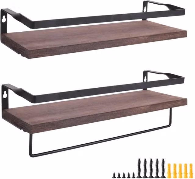 PAWNORA Set of 2 Rustic Brown Floating Wall Shelves with Wood and Metal Design – 1