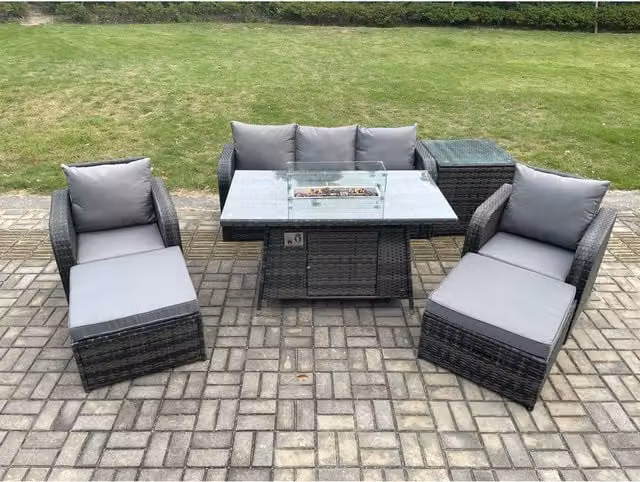 Fimous Dark Grey Wicker Rattan Garden Sofa Set with Gas Firepit Table, Side Table and 2 Footstools