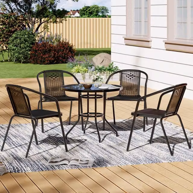 Livingandhome Black Round Toughened Glass Bistro Set with 4 Chairs and Umbrella Hole