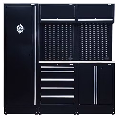 Draper BUNKER 04503 Modular Storage Combo with Stainless Steel Worktop, 11 Piece, Black, Floor Standing, W: 208 cm, D: 130 cm, H: 100 cm