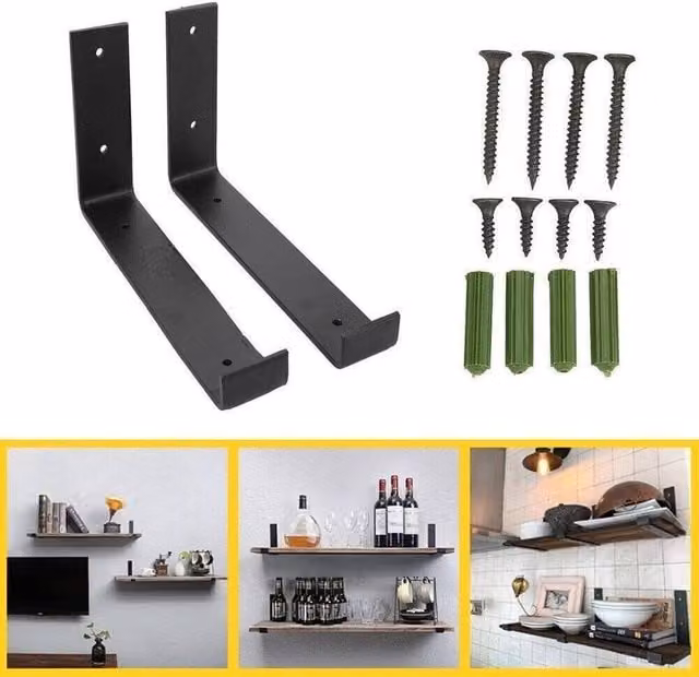 PAWNORA 2 Pack Heavy Duty Solid Steel Shelf Brackets in Matt Black
