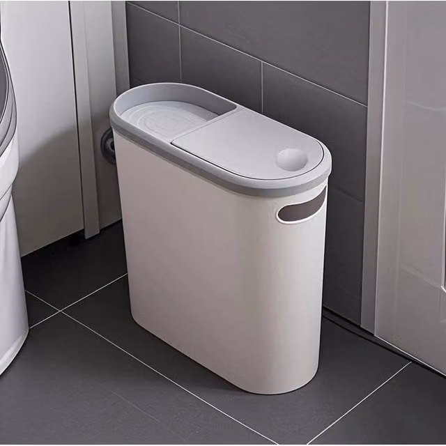 KORVIXA Slim Plastic Waste Bin with Touch Lid in Grey, H: 100 cm x W: 15 cm x D: 10 cm