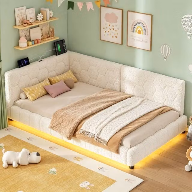 Matteo Modern Upholstered Single Boucle Bed Frame in Beige with USB Charging Port and Under-bed Lighting, W/D/H: 90 x 190 cm – 1