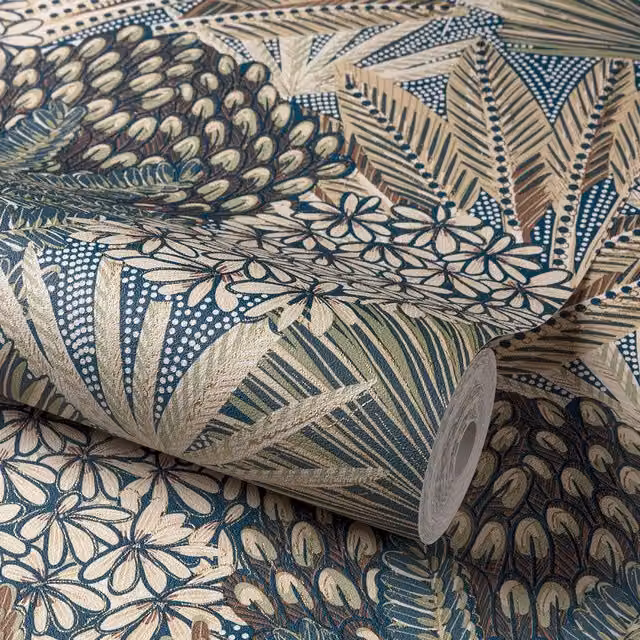 Grandeco Boutique Collection Mael Modern Jungle Botanical Floral Wallpaper in Navy Blue and Petrol