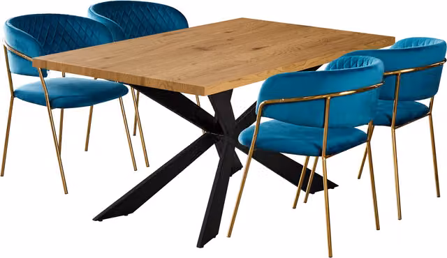 Life Interiors Atarah Duke LUX Dining Set with Rectangular Wood Table and 4 Blue and Gold Chairs