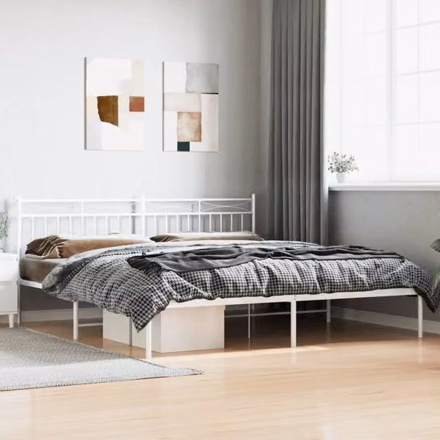 Berkfield Home Metal Bed Frame with Headboard in White W: 193 cm, D: 203 cm – 1