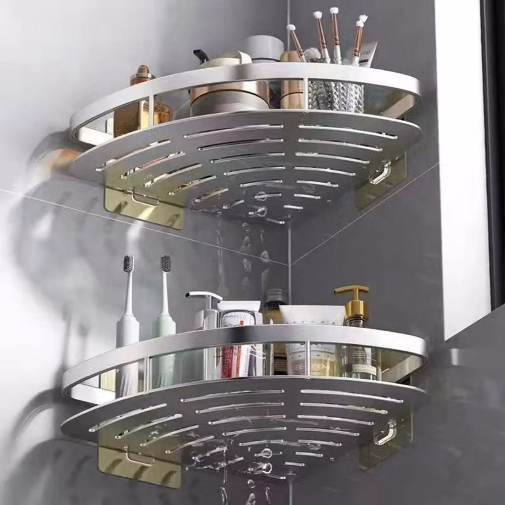 VOGREX 2-Piece Self-Adhesive Aluminium Corner Shower Caddy in Silver – 2