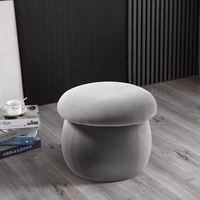 Livingandhome Grey Velvet Mushroom-Shaped Ottoman for Children and Teenagers