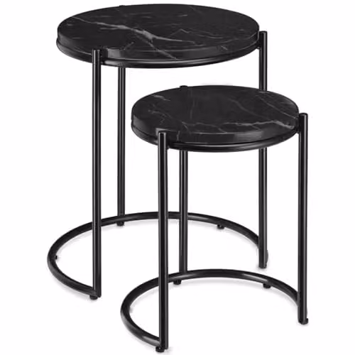 tectake Set of 2 Round Nesting Coffee Tables in Black Marble Look with Height-Adjustable Metal Frames