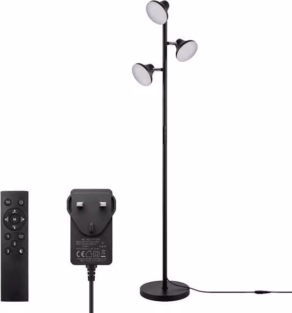 VOGREX 3-Light Dimmable Black Floor Lamp with Remote Control and Touch Function