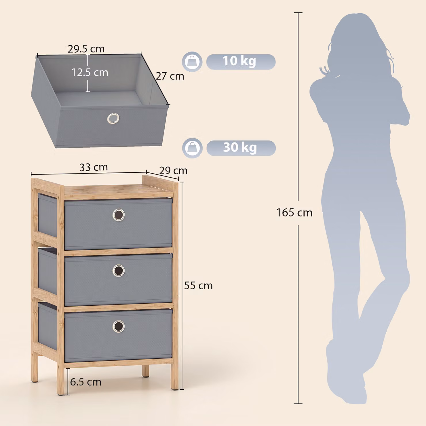 HOMCOM Narrow Chest of Drawers with 3 Fabric Drawers and Bamboo Frame, Light Grey – 3