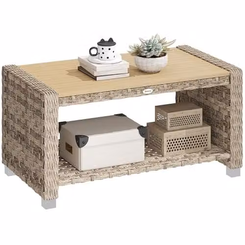 Outsunny Outdoor Coffee Table with Storage Shelf, Brown, W: 90 cm, D: 50 cm, H: 45 cm – 1