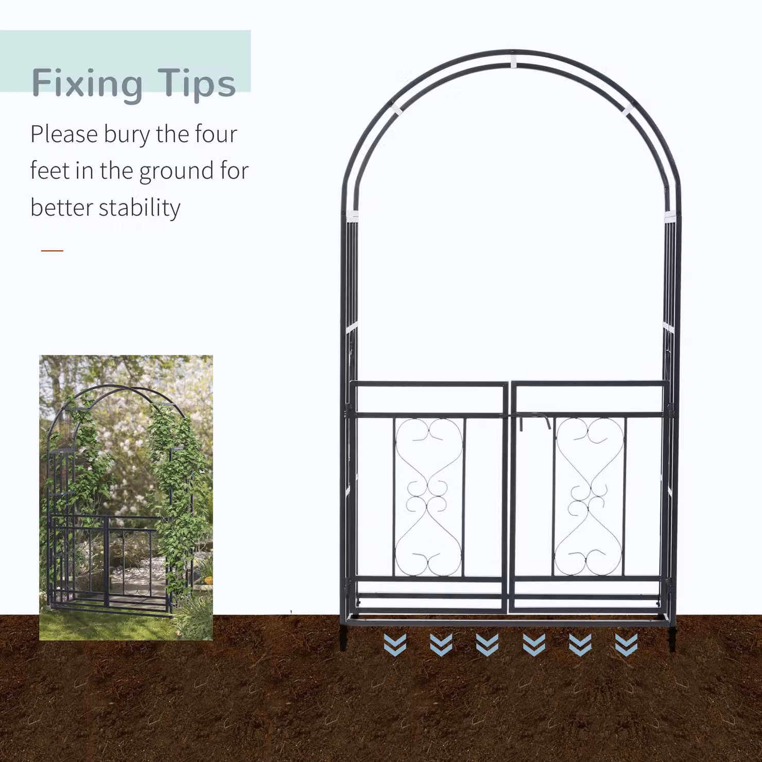 Outsunny Metal Garden Arch with Double Gates for Climbing Plants and Roses, Dark Grey, W: 114 cm, D: 50 cm, H: 206 cm – 4