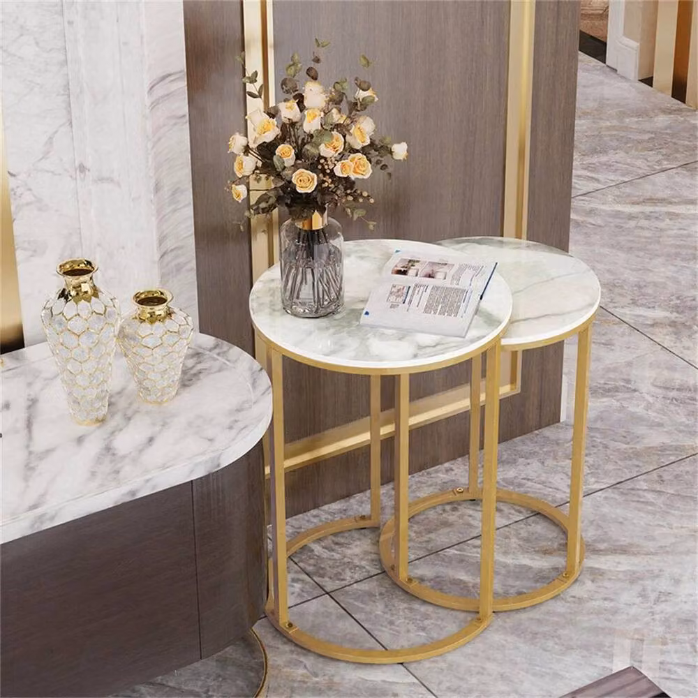 EONLION Modern Round Nesting Coffee Table with White Marble Tops and Gold Sled Base, Width: 100 cm – 3