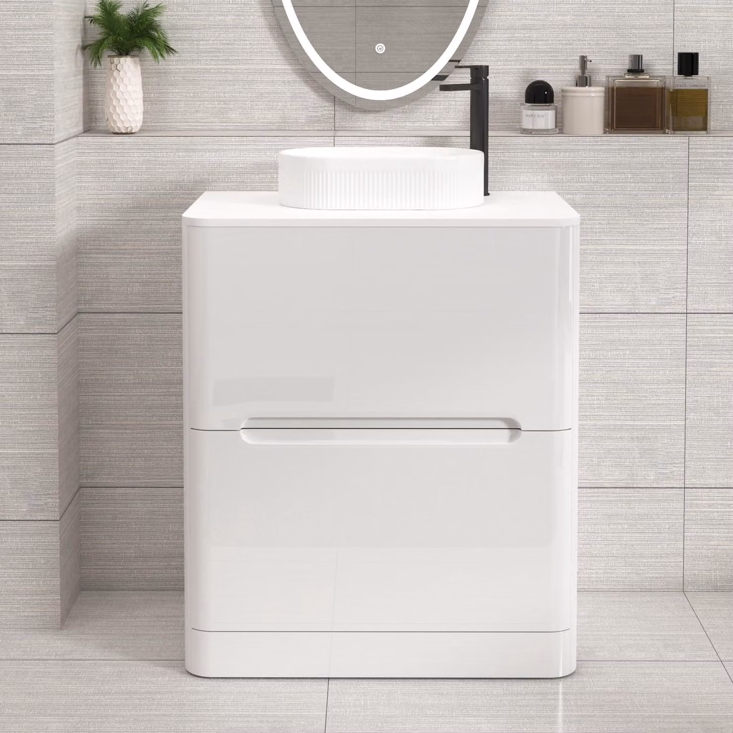 Royal Bathrooms Venice 700mm Gloss White Floor Standing 2 Drawer Vanity Unit with Plain White Worktop and Lyon Basin