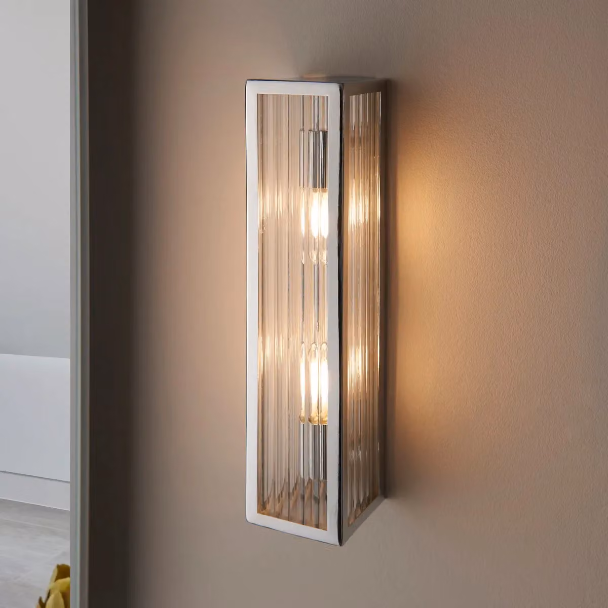 Netlighting Newham Outdoor Contemporary 2 Light Wall Lamp in Chrome with Grey Transparent Ribbed Glass – 2