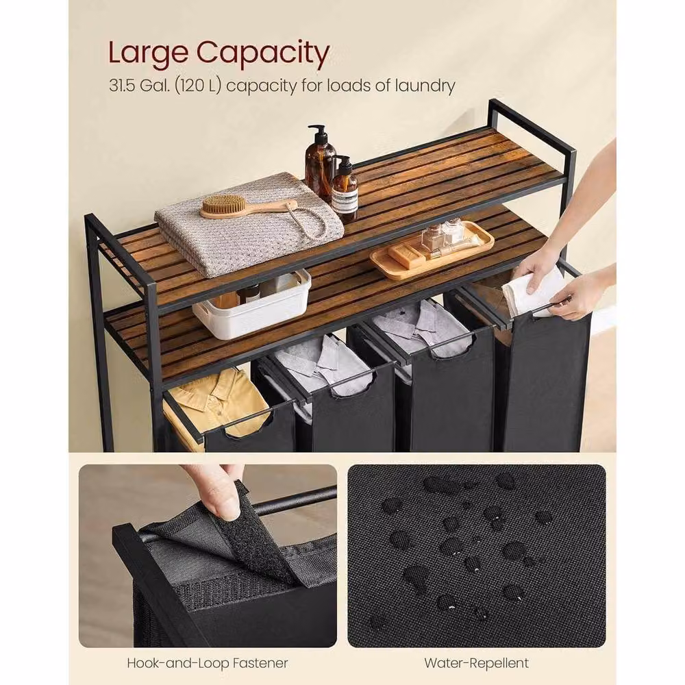 The Bazaarist 4 Compartment Laundry Hamper with Removable Pull Out Bags, Brown and Black – 4