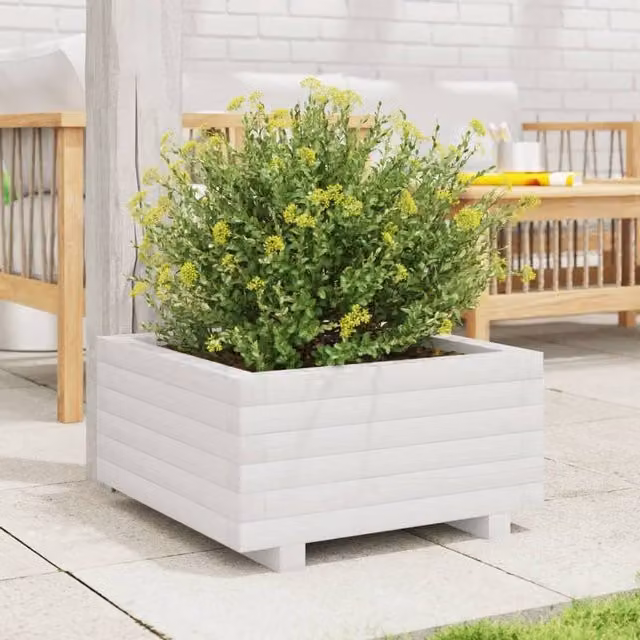 Berkfield Home Decorative White Solid Wood Pine Garden Planter Tub W: 50 cm, D: 50 cm, H: 26.5 cm