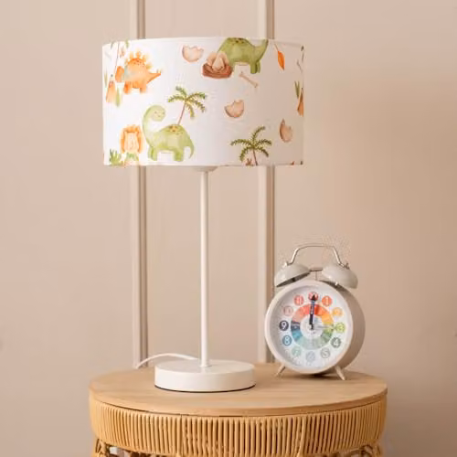 ValueLights White Metal Single Stem Table Lamp with Kids Dino Drum Lampshade and Included LED Bulb – 2