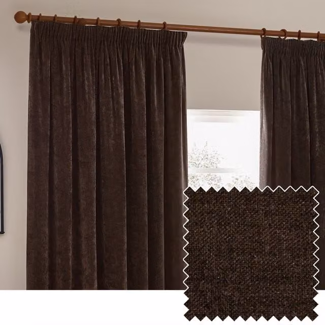 Make It A Home Brown Chenille Velvet Pencil Pleat Opaque Curtains, Width: 137 cm, Height: 117 cm