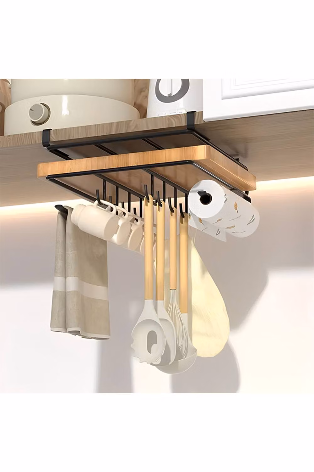 Living and Home Black Metal Under Cabinet Hanging Cutting Board Storage Rack with Roll Holder and Hooks, Size XL – 3
