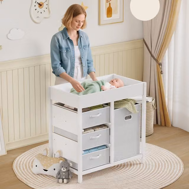 AIYAPLAY Modern Baby Changing Unit in White with 4 Storage Drawers and Removable Changing Mat