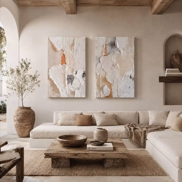 Mafett Mediterranean Abstract Canvas Print Set of 2 in Beige, Sand and Grey, W: 45.72 cm, H: 60.96 cm