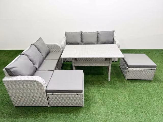 Fimous 8 Seater Grey Wicker Rattan Garden Furniture Set with Rectangular Dining Table, High Back Lounge Sofa and 2 Footstools