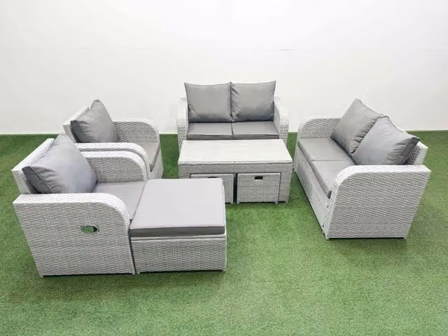 Fimous 9 Seater Rattan Garden Furniture Set in Light Grey with Oblong Coffee Table and 3 Stools