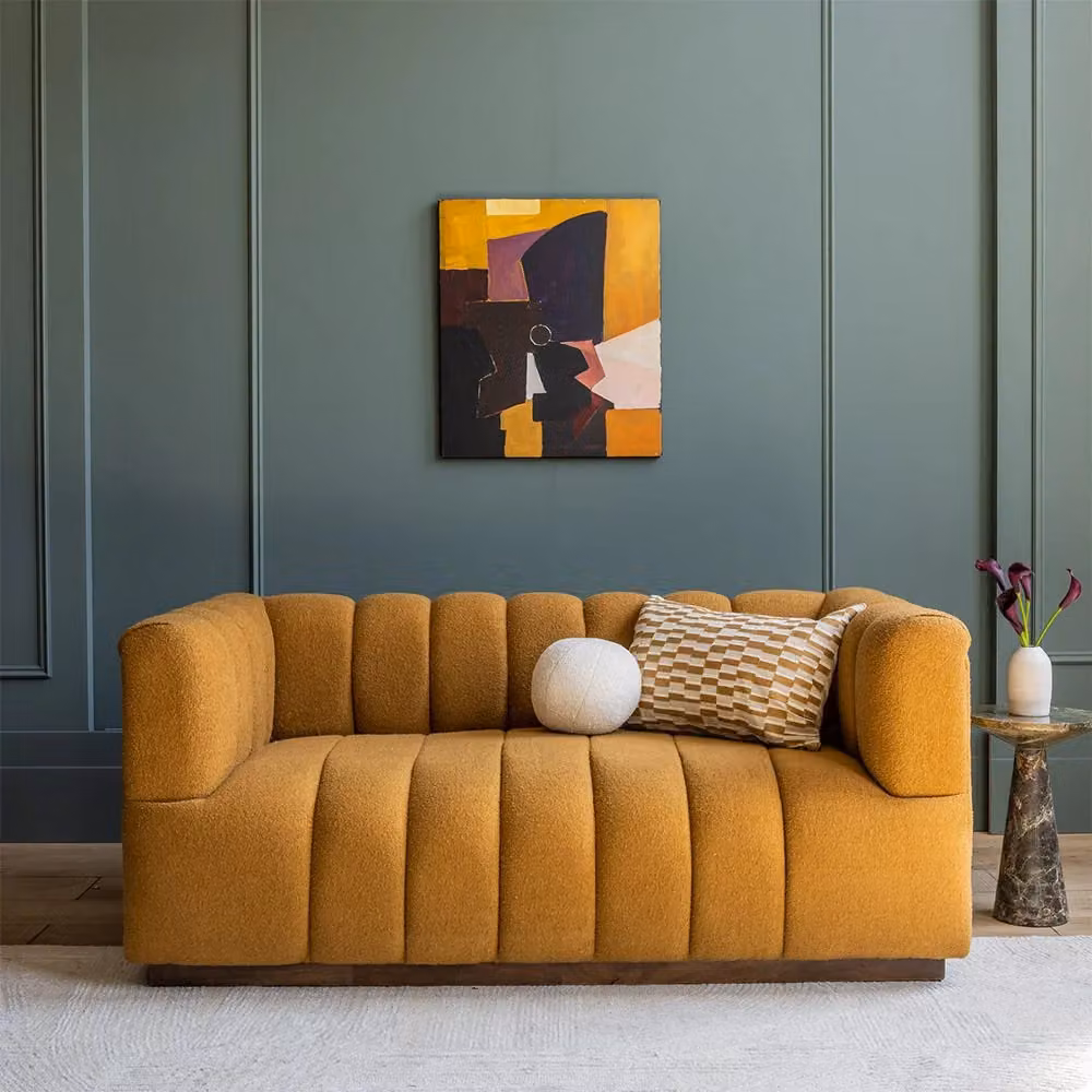 Atkin and Thyme Sloane Fluted 2 Seat Sofa in Mustard Yellow Bouclé