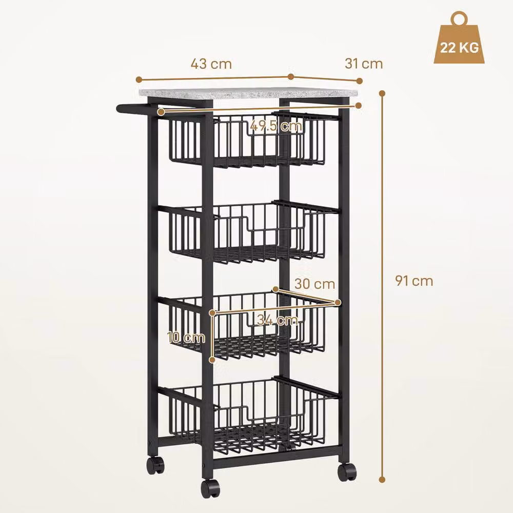 STILVORA Kitchen Trolley with 4 Baskets and Marble-Effect Top in Black, W: 49.5 cm, D: 31.0 cm, H: 91.0 cm – 3