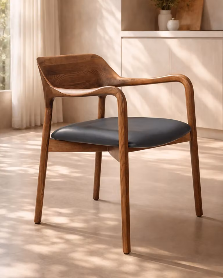 Tommy Franks Mid-Century Walnut Dining Chair with Armrests and Brown Synthetic Leather