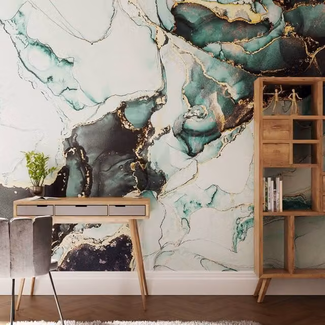 Superfresco Easy Agate Marble Mural in Petrol, Gold and Blue, W: 300 cm, H: 280 cm