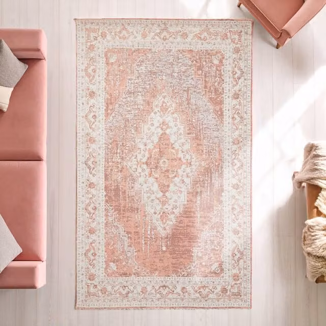 Bosie Morvi Large Pink Floral Vintage Rectangular Rug