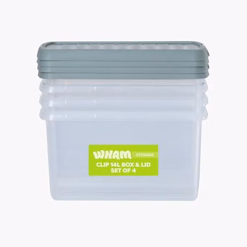 Wham 4 x 14L Rectangular Stackable Plastic Storage Boxes with Lids, Transparent and Green