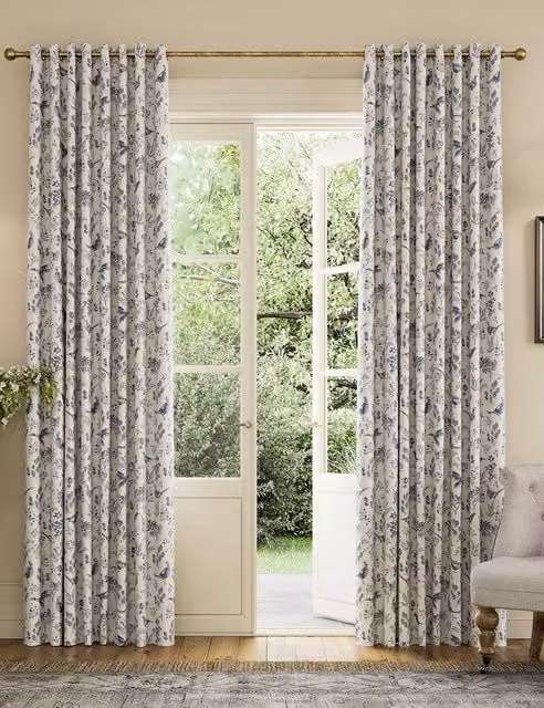 Joules Festival Pheasants Blue Mix Pure Cotton Eyelet Blackout Curtains