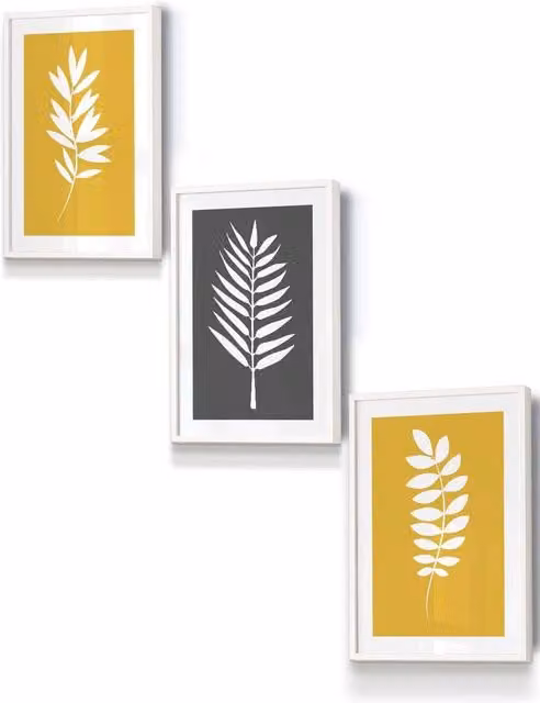 ARTZE Yellow, Grey and White Graphical Leaves Framed Wall Art, Boho Botanical Floral Design, W: 33 cm, H: 45 cm, D: 2 cm