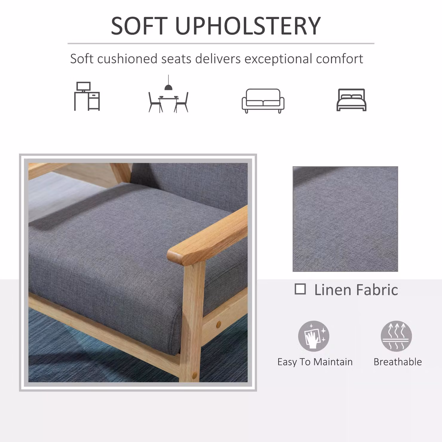 HOMCOM Mid Century Minimalistic Accent Chair with Solid Wood Frame and Grey Linen Cushions – 3