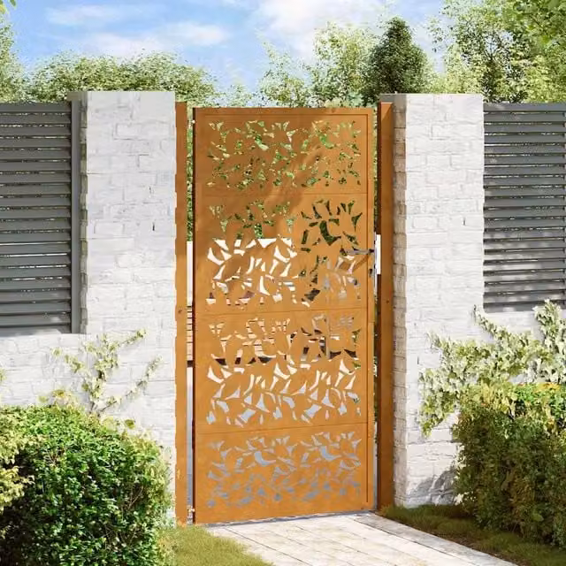 Berkfield Home Garden Gate in Brown Weathering Steel with Leaf Design, W: 105 cm, H: 180 cm