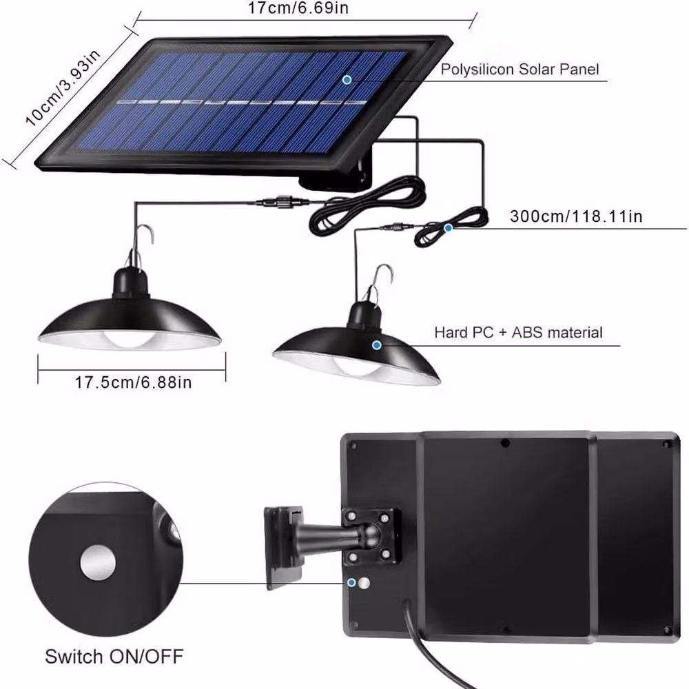 FLAVORA 2-Head LED Solar Powered Suspended Pendant Hanging Light in Black – 2