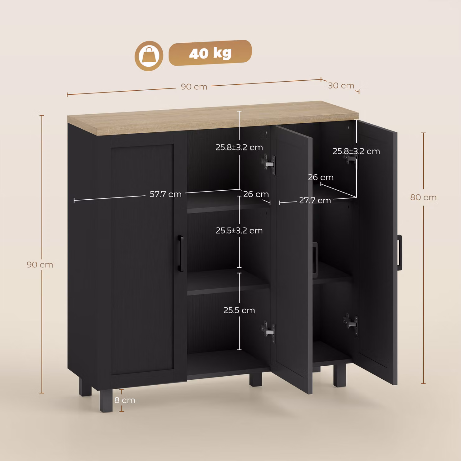 HOMCOM Modern Black Sideboard Buffet Cabinet with 3 Doors and Adjustable Shelves for Kitchen or Living Room Storage – 3