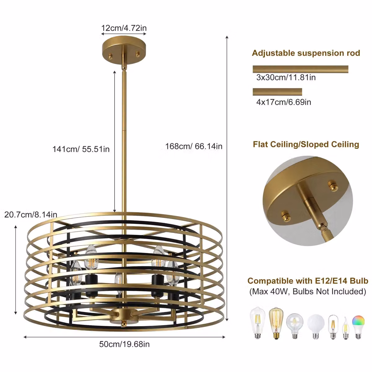 Garwarm 5 Light Adjustable Dimmable Modern Pendant Light in Gold/Brass, Diameter: 50 cm – 4