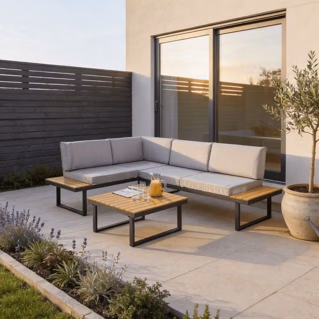 Home Source Ember Modular Garden Furniture L Shaped Sofa and Coffee Table Set in Grey