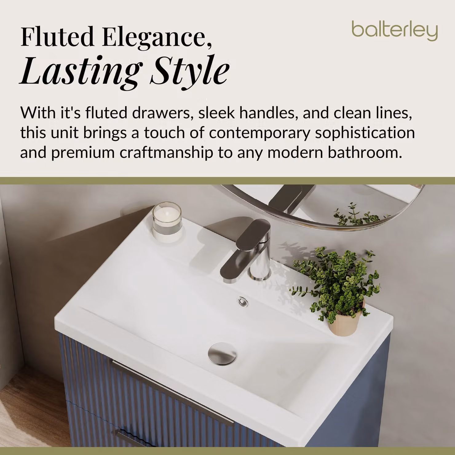 Balterley Fluted Wall Hung 2 Drawer Vanity Basin Unit and Basin, Satin Blue, Width: 600 mm – 3